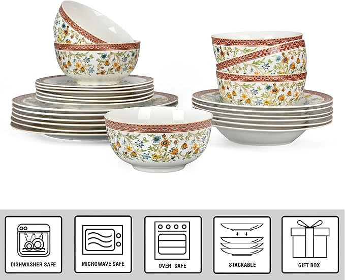 16pc Bone China Dinnerware Set Floral Plates Bowls Oven Dishwasher Safe