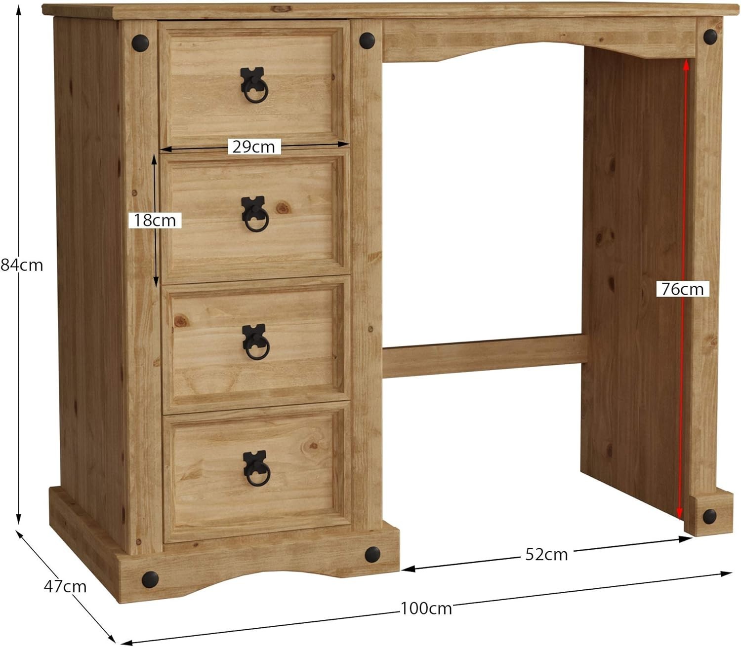 4-Drawer Pine Wood Dressing Table Desk Distressed Waxed Finish Bedroom Vanity