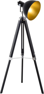 Industrial Tripod Floor Lamp Adjustable Height Spotlight Wood Legs Black Gold