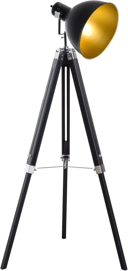 Industrial Tripod Floor Lamp Adjustable Height Spotlight Wood Legs Black Gold