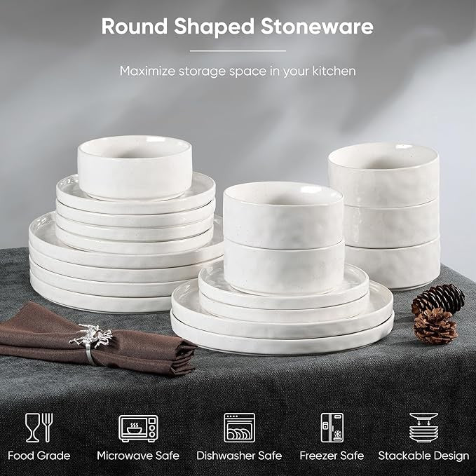 18pc White Stoneware Dinner Set Plates Bowls Reactive Glaze Service for 6