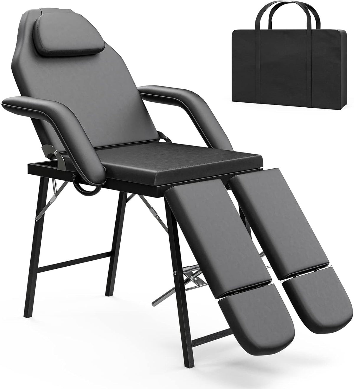 Portable 3-Section Split-Leg Massage Table Folding Beauty Tattoo Bed Black