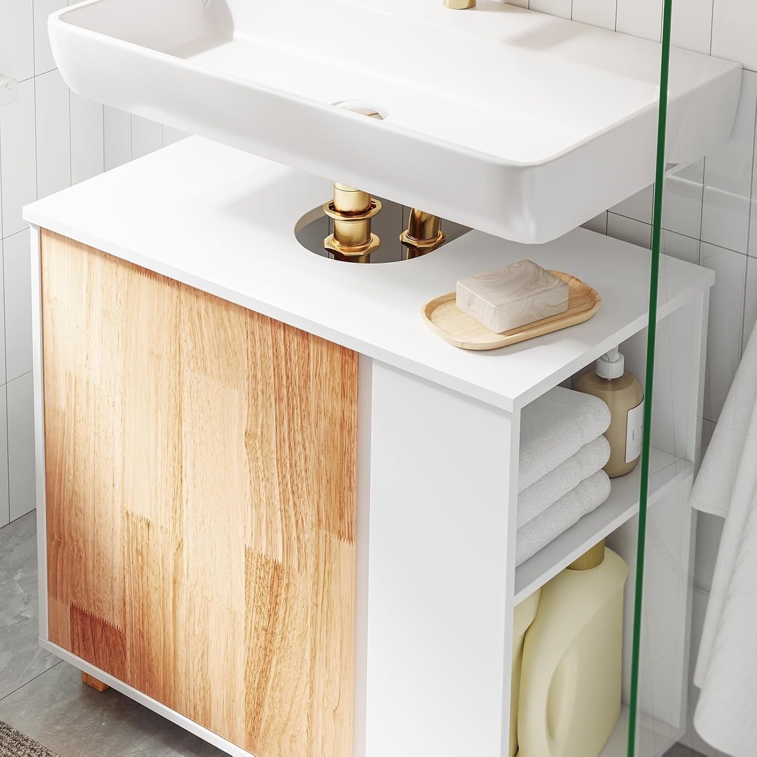 White Under Sink Bathroom Cabinet with Shelves & Cupboard Storage Unit