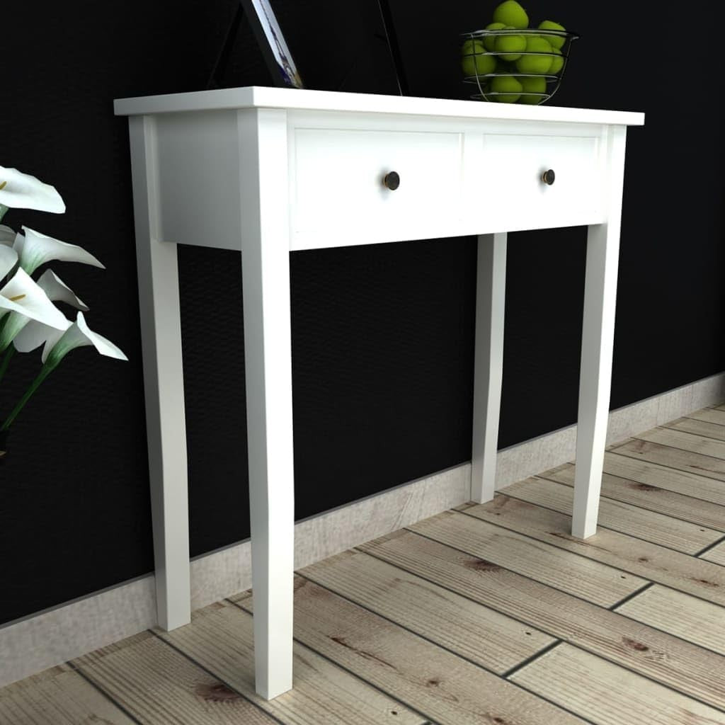 Compact White Console Table with Two Drawers, Durable MDF & Pine Wood