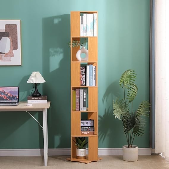 Rotating 6-Tier Tall Bookshelf Slim Corner Display Storage Rack Beech Wood