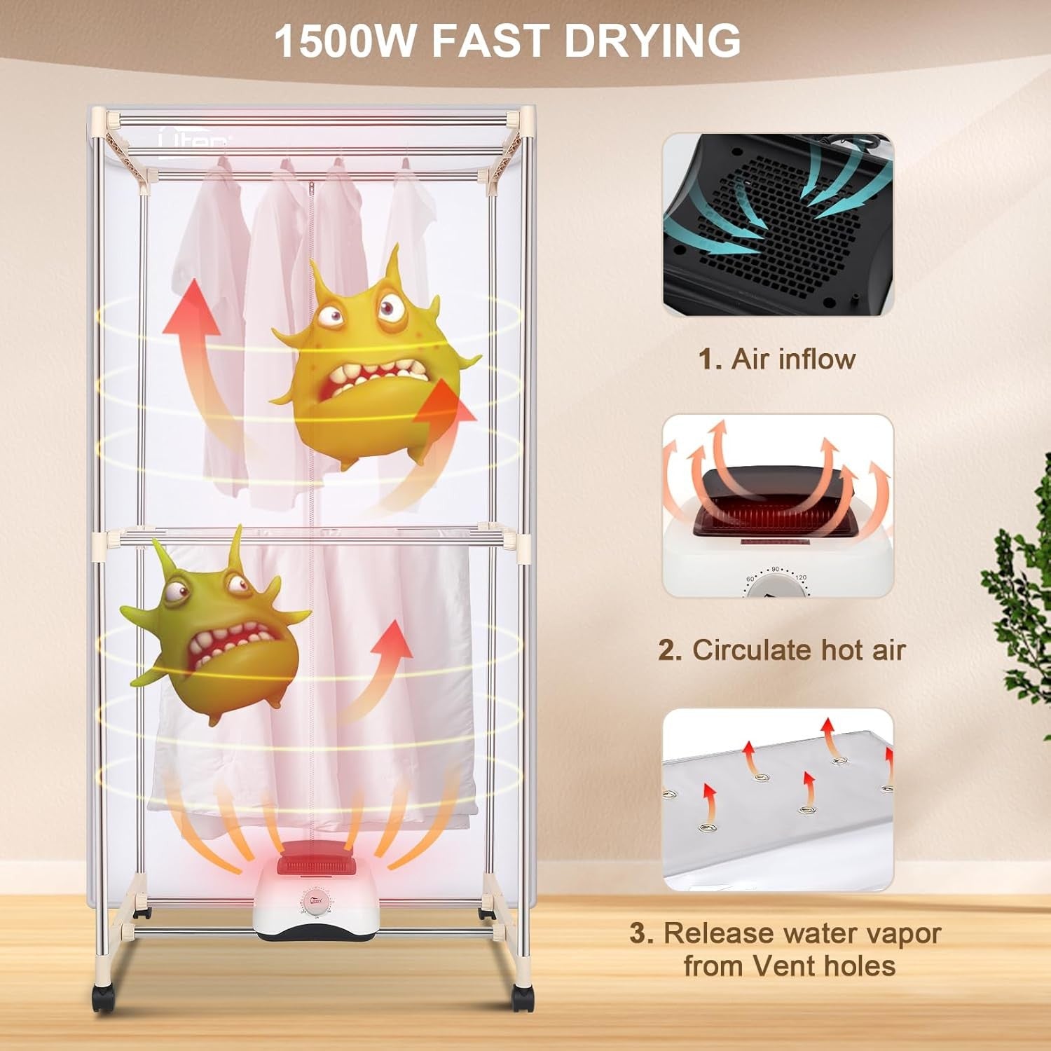 Electric Clothes Dryer Wardrobe 1500W Warm Air Drying Rack Indoor