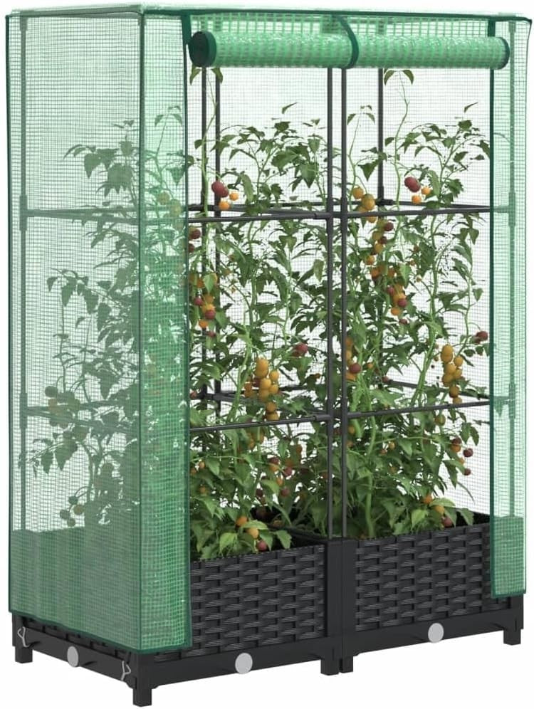 Raised Bed Planter with Greenhouse Cover 80x40x123cm | Rattan Look Polypropylene