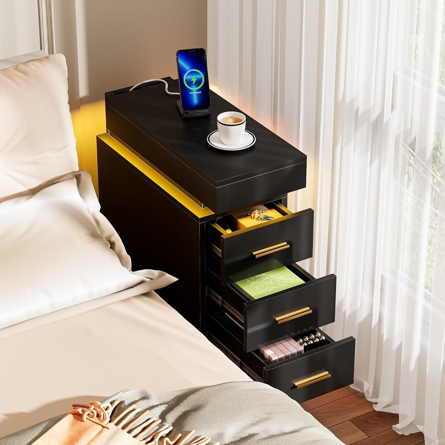 Modern LED Bedside Table with USB Charging, 3 Drawers + Hidden Storage