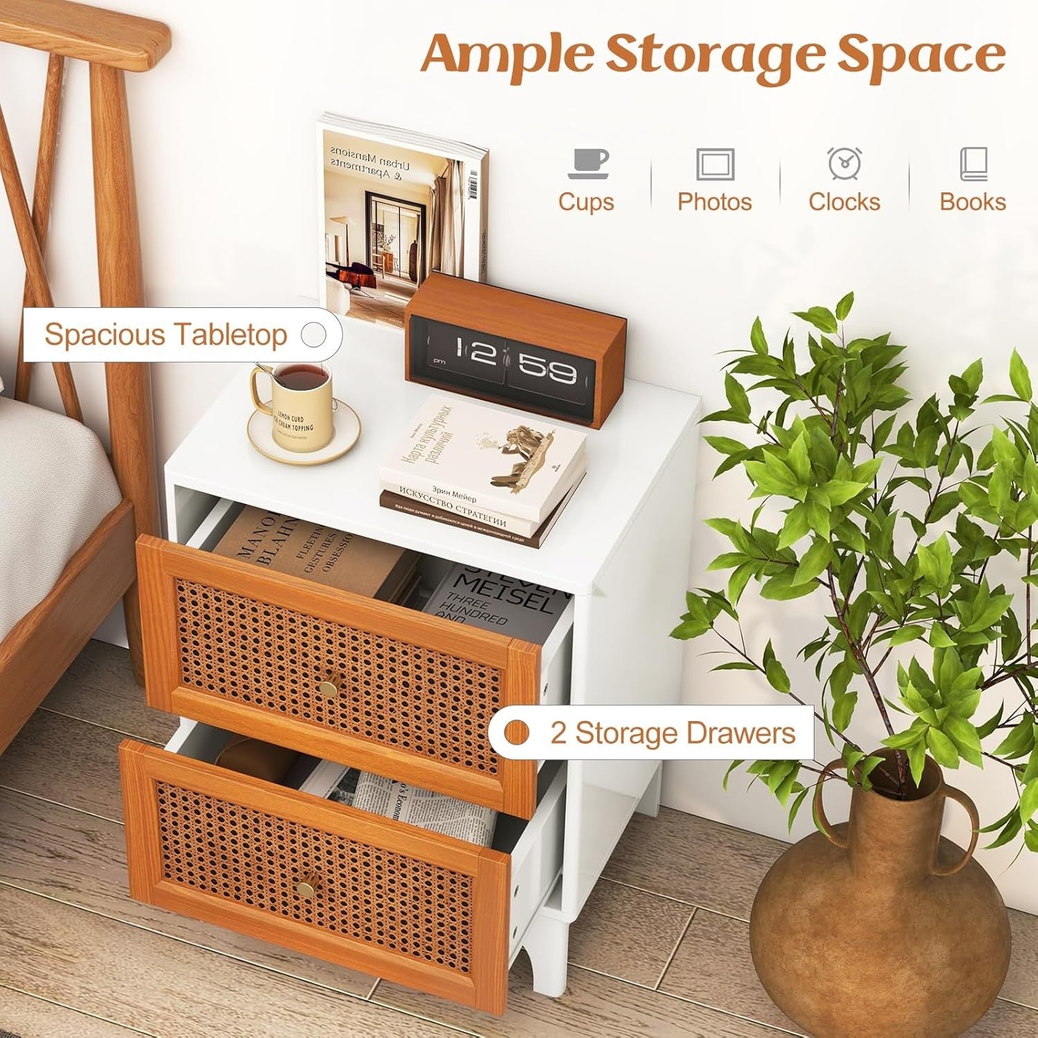Rattan Bedside Table with Storage Drawers – Modern Wooden Nightstand 46×33×60cm