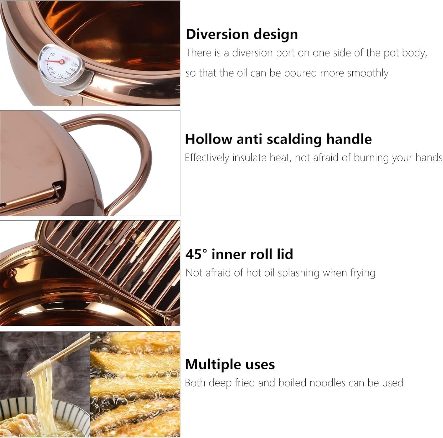 3.2L Stainless Steel Deep Fryer Pot w Thermometer Non Stick Rose Gold