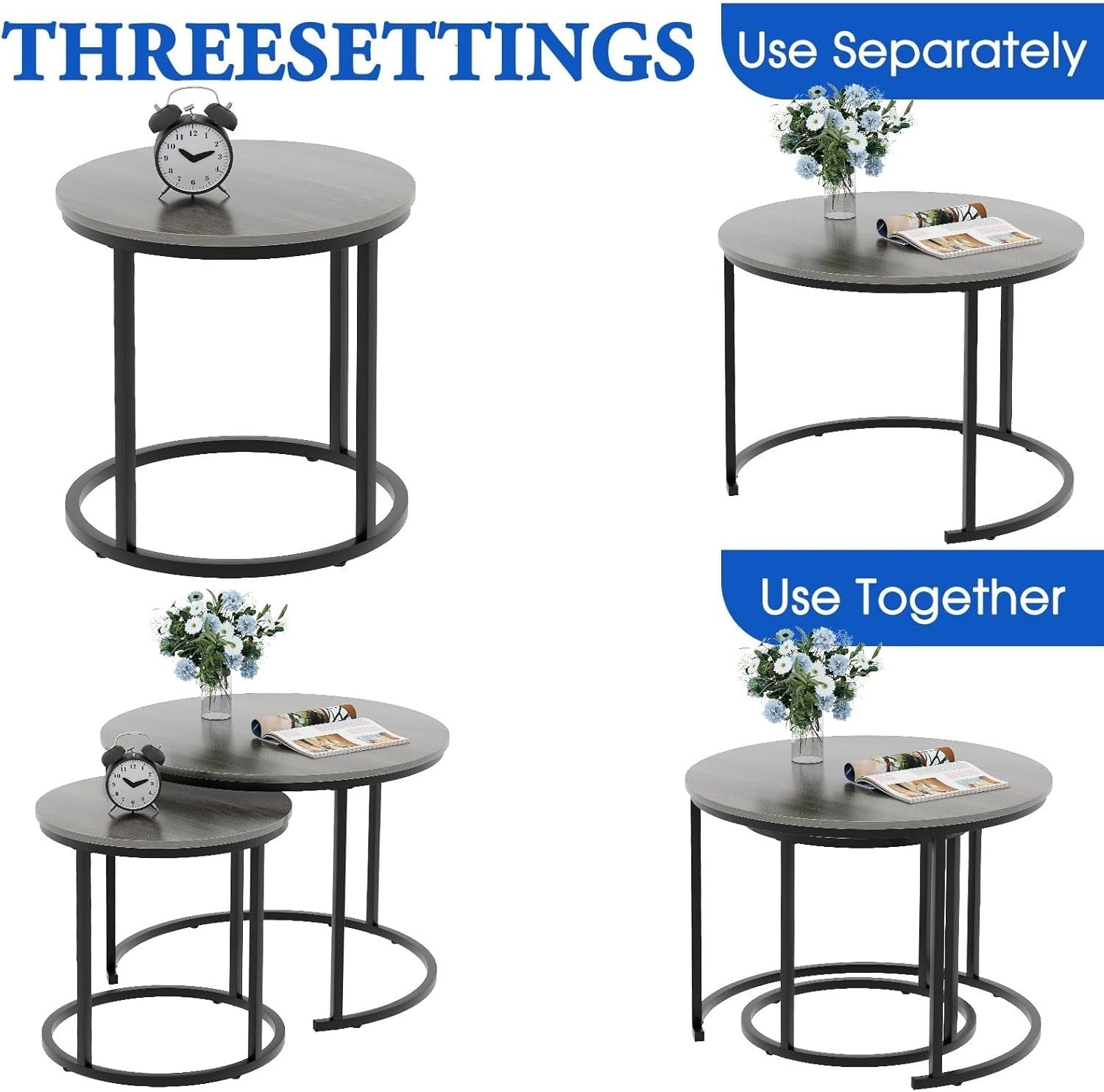Grey Round Nesting Coffee Table Set 2, Modern Living Room Side End Tables