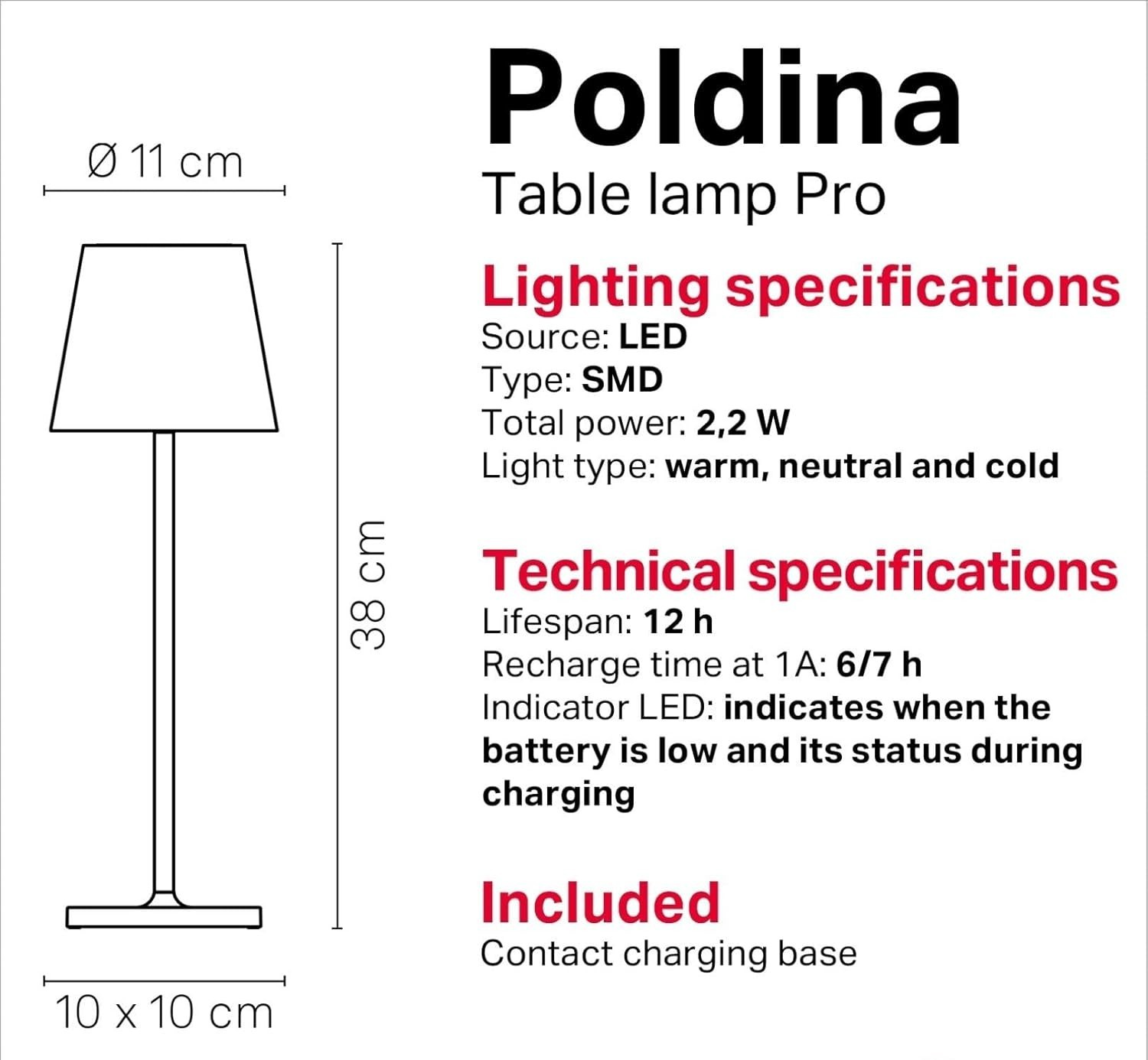 Rechargeable Cordless LED Table Lamp Touch Dimmer Indoor Outdoor Light 38cm