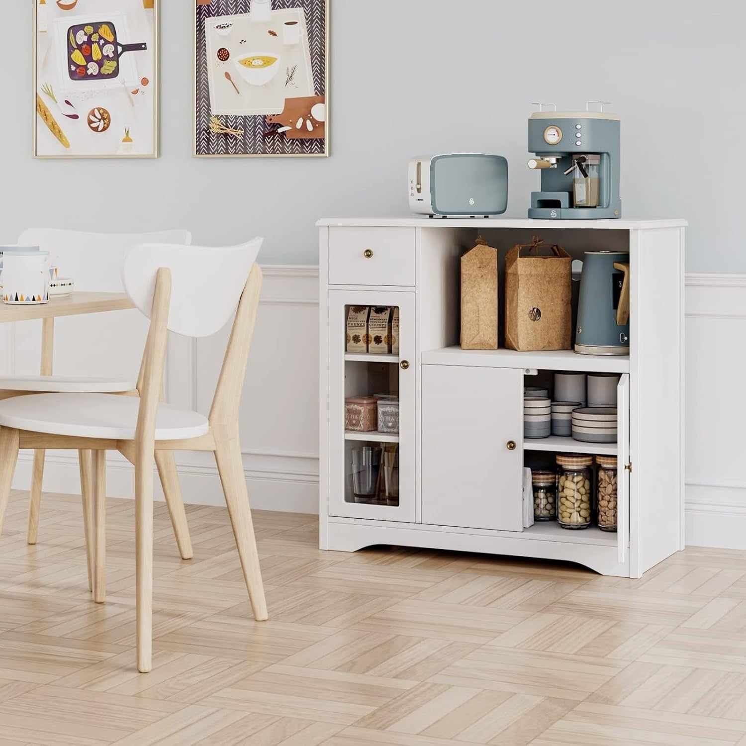 Adjustable White Kitchen Storage Cabinet with Microwave Shelf & Drawer 90x40x82c