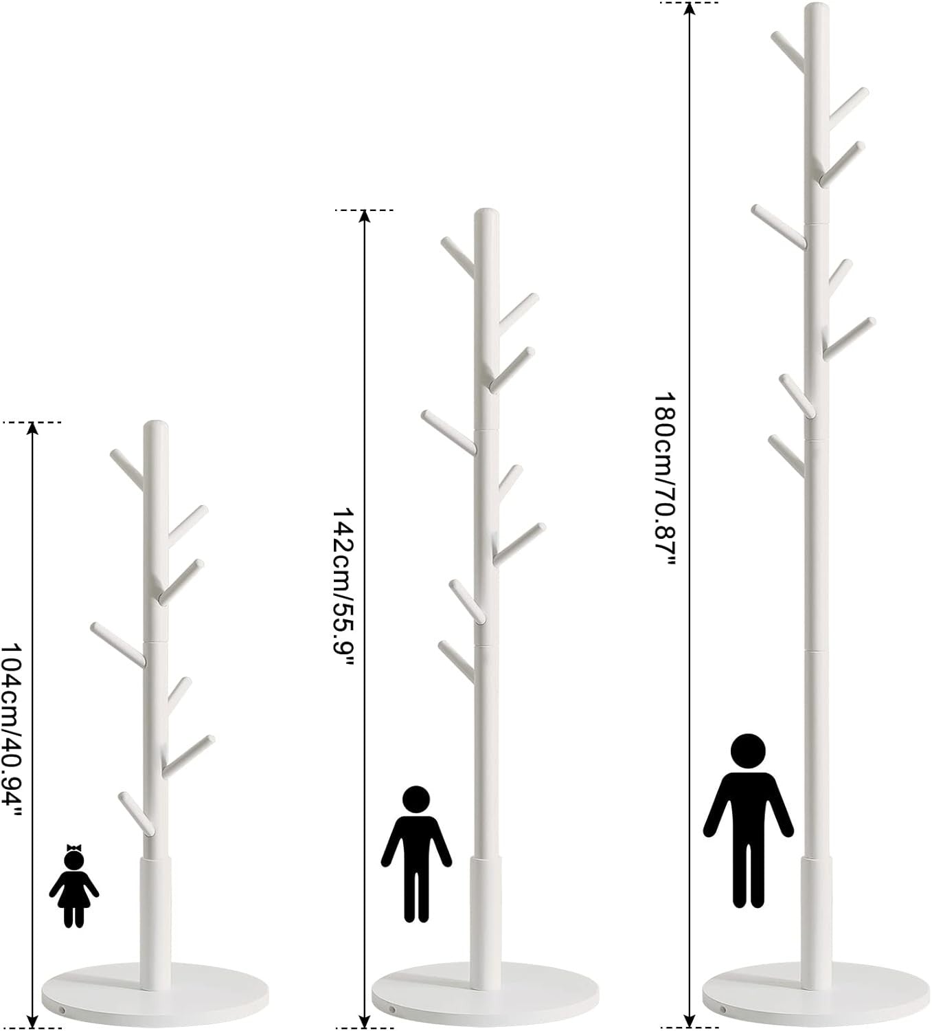 White Wooden Coat Rack Stand | 8 Hooks Round Base Hall Tree for Clothes Hats