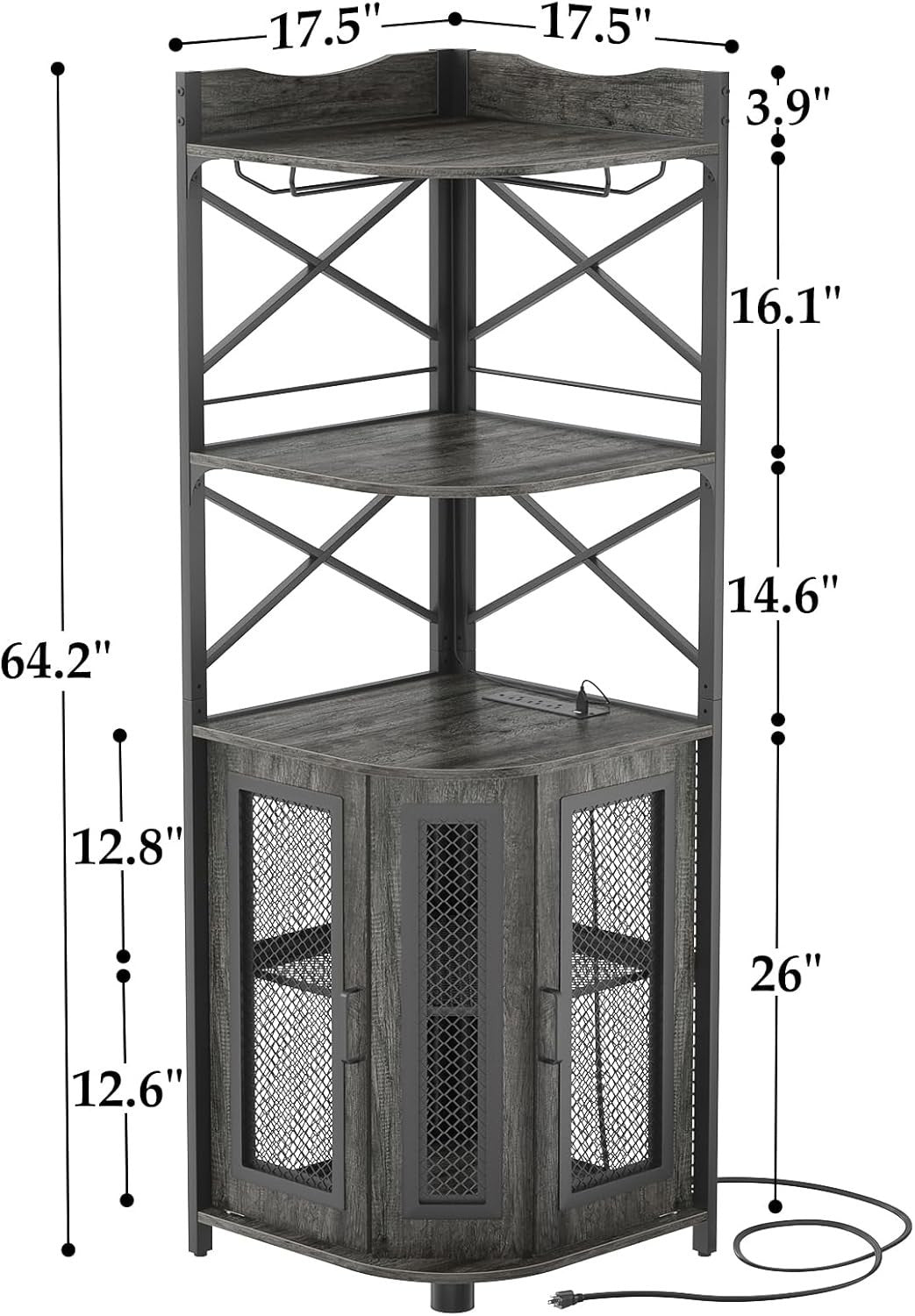 Grey Oak Corner Drinks Cabinet with LED Strip, Charging Ports & 5 Shelf Display