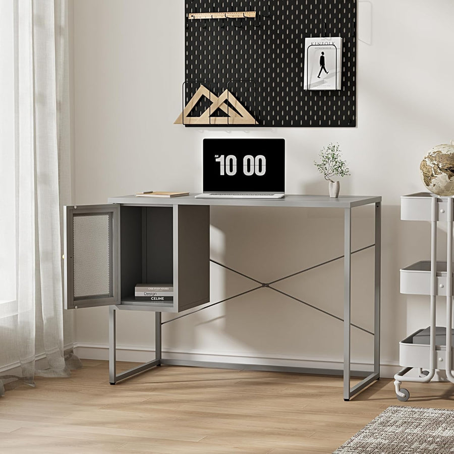 Grey Metal Computer Desk w/Storage Compartment | 100cm Home Office Table