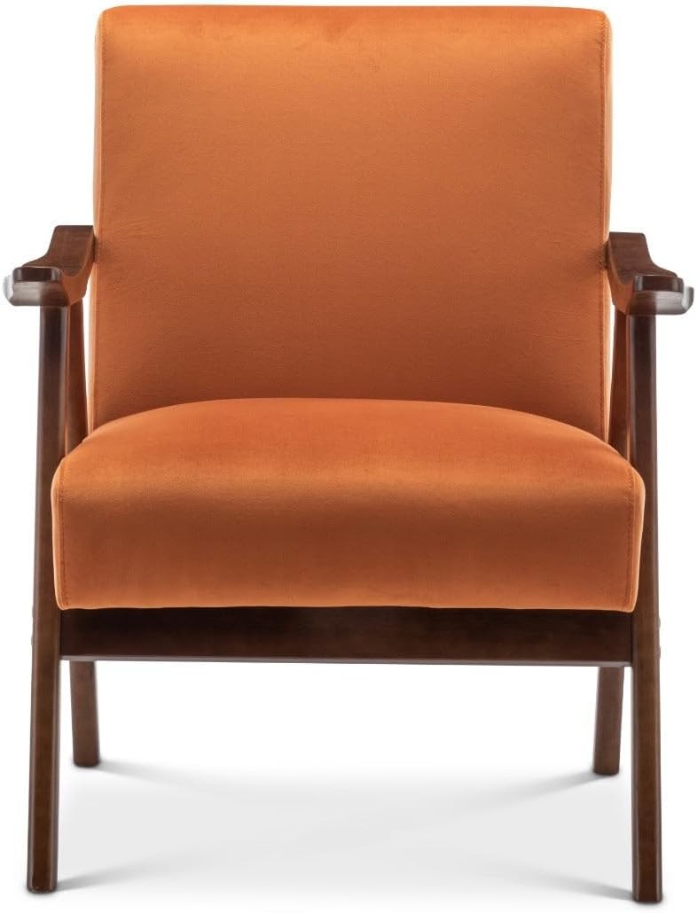 Orange Velvet Accent Armchair Retro Wooden Lounge Chair