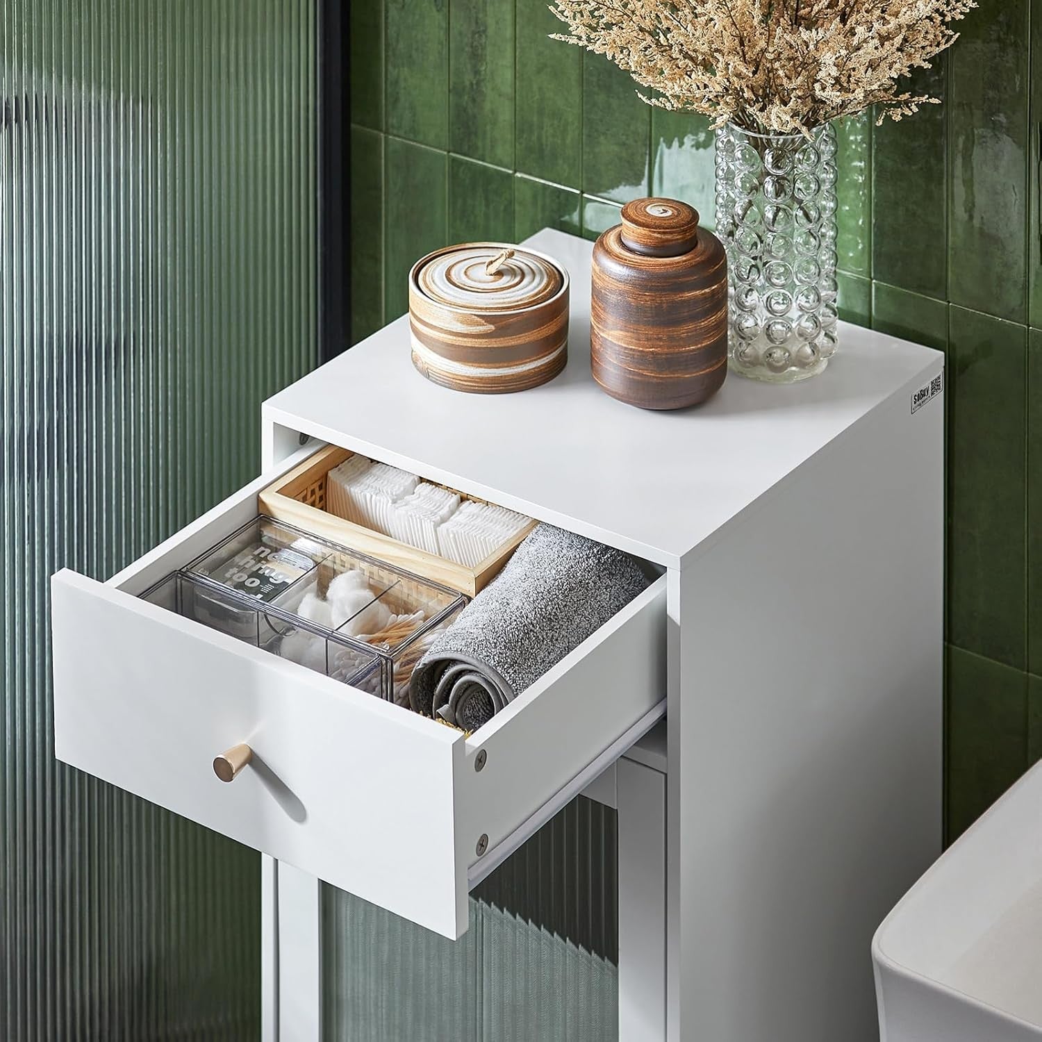 White Laundry Cabinet with Glass Door Drawer Tilt-Out Basket Slim Bathroom Unit