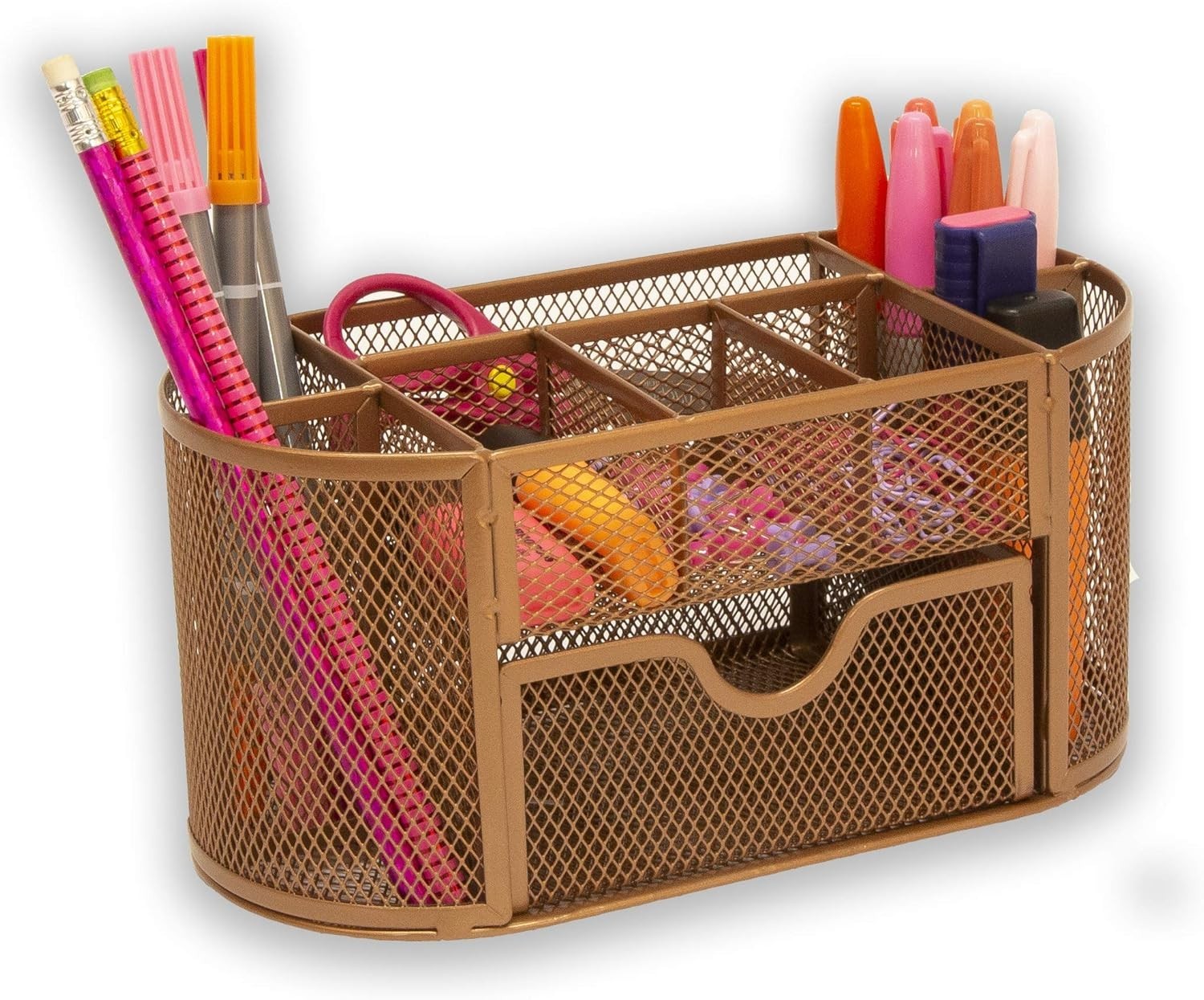 8-Compartment Rose Gold Desk Organiser with Drawer – Pen & Stationery Tidy