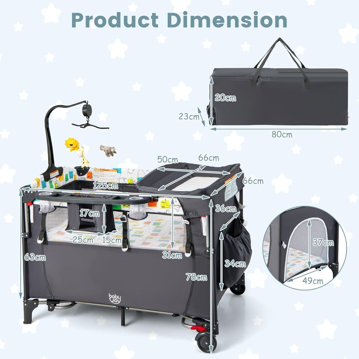 5in1 Baby Travel Cot Bedside Crib Bassinet with Mattress Changer Music Toys