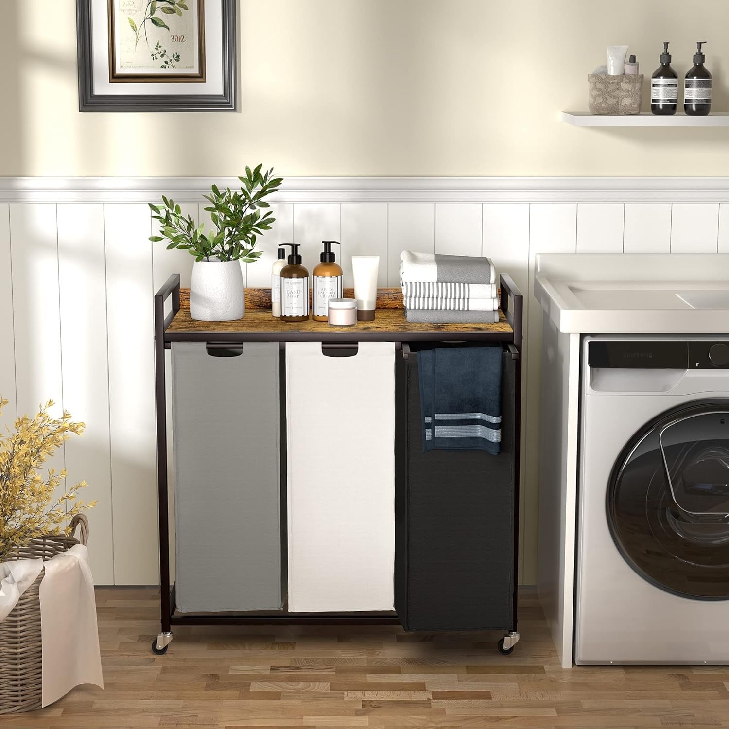 3 Section Laundry Hamper with Shelf Removable Bags Wheels Rustic Brown 180L