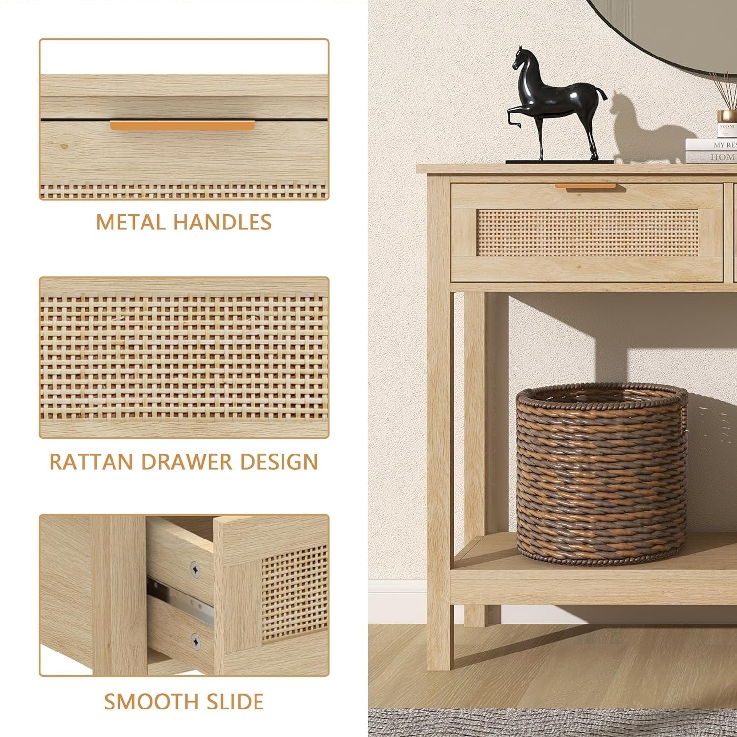 Boho Rattan Console Table with Drawers & Open Shelf, Rustic Entryway