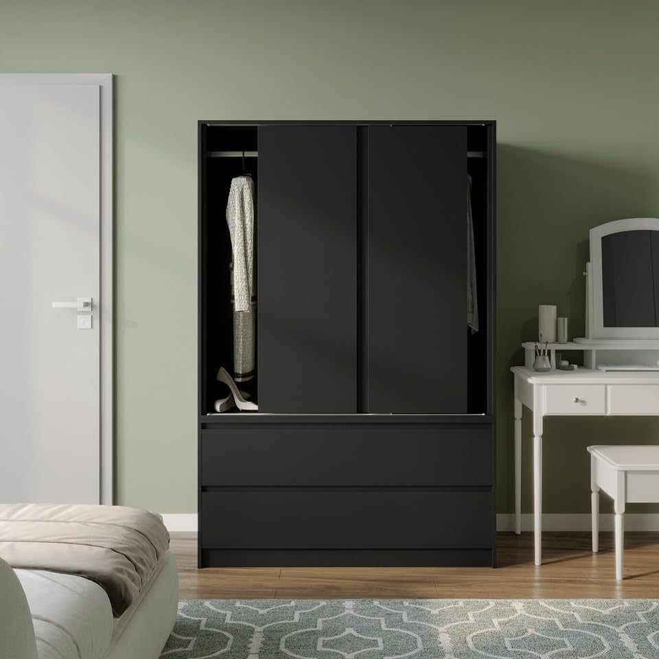 Black Sliding Door Wardrobe with 4 Drawers & Hanging Rail - Space Saver