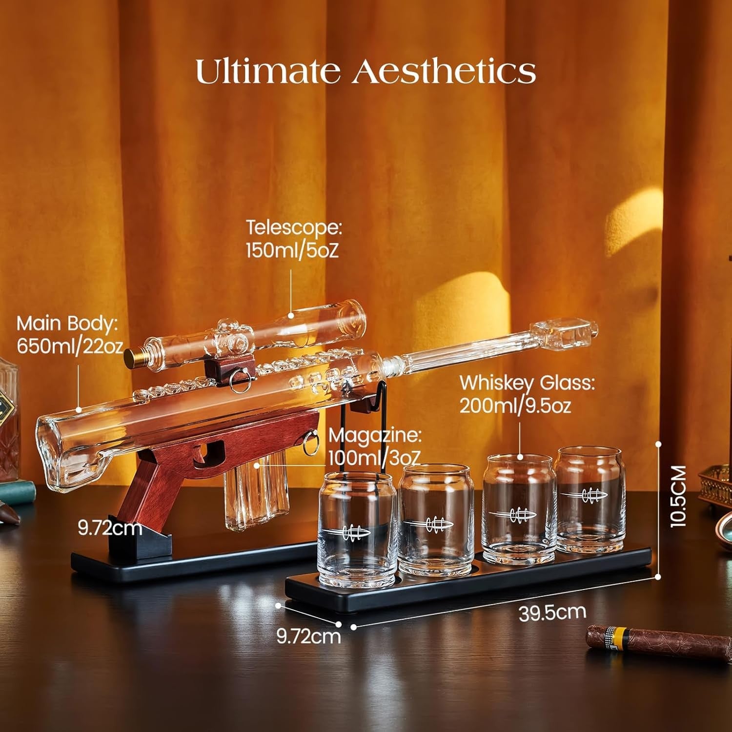 Luxury Telescope Whiskey Decanter Set with Bullet Glasses & Wooden Display 850ml