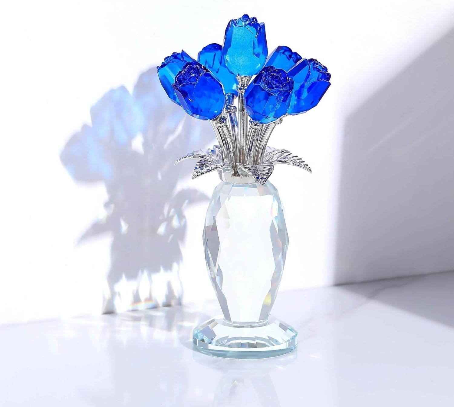 Crystal Blue Rose Bouquet Figurine Gift Ornament Glass Floral Collectible Decor