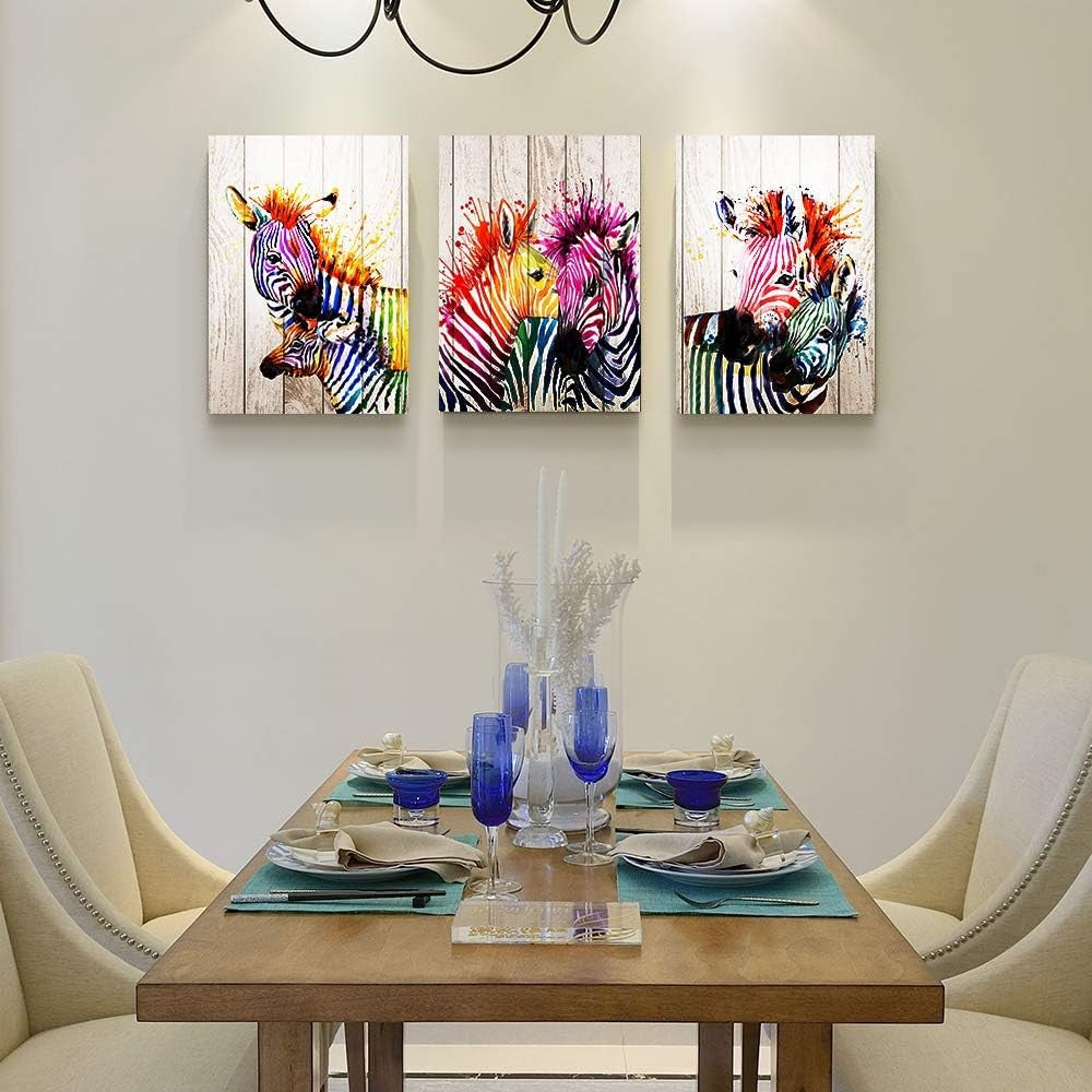 3Pcs Colorful Zebra Watercolor Canvas – Modern Animal Wall Art 12x16in