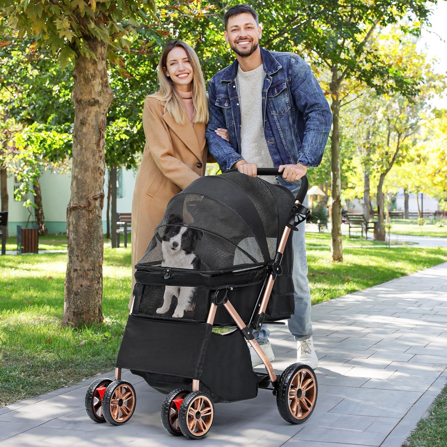 Dog Stroller with Reversible Handle Foldable Pushchair 4 Wheel Travel