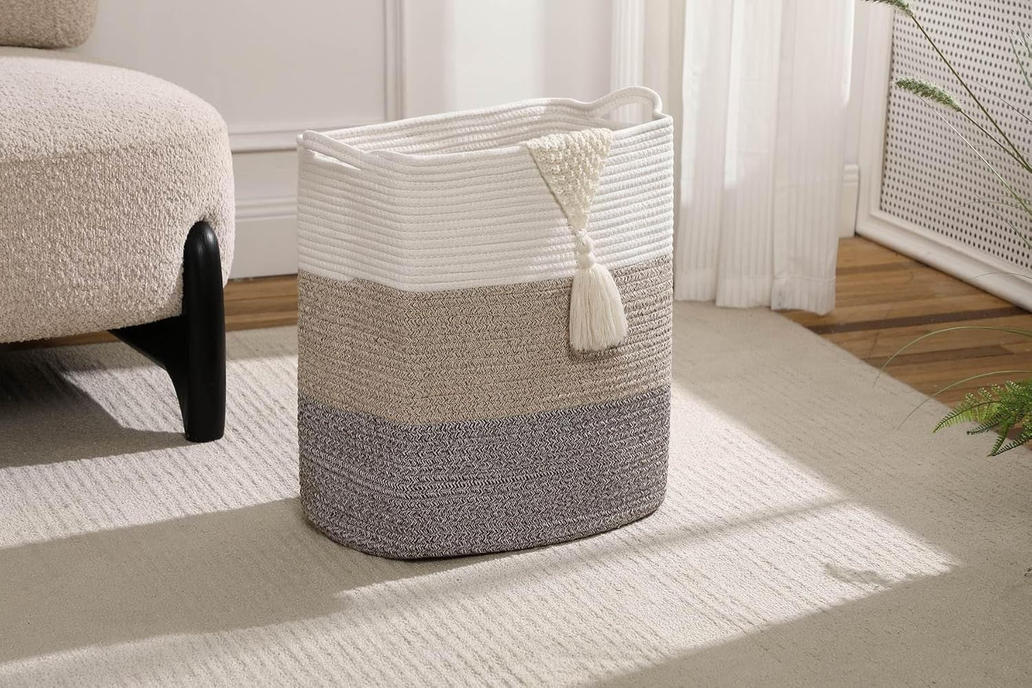 68L Woven Cotton Laundry Basket with Handles Large Gradient Brown Rope Hamper