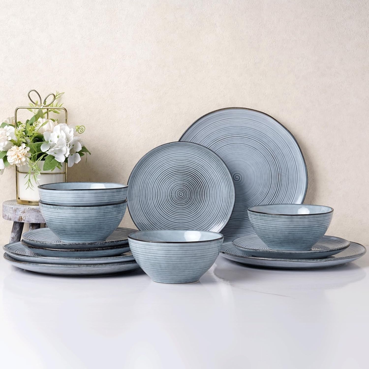 12pc Stoneware Dinnerware Set Plates Bowls Blue Swirl for 4