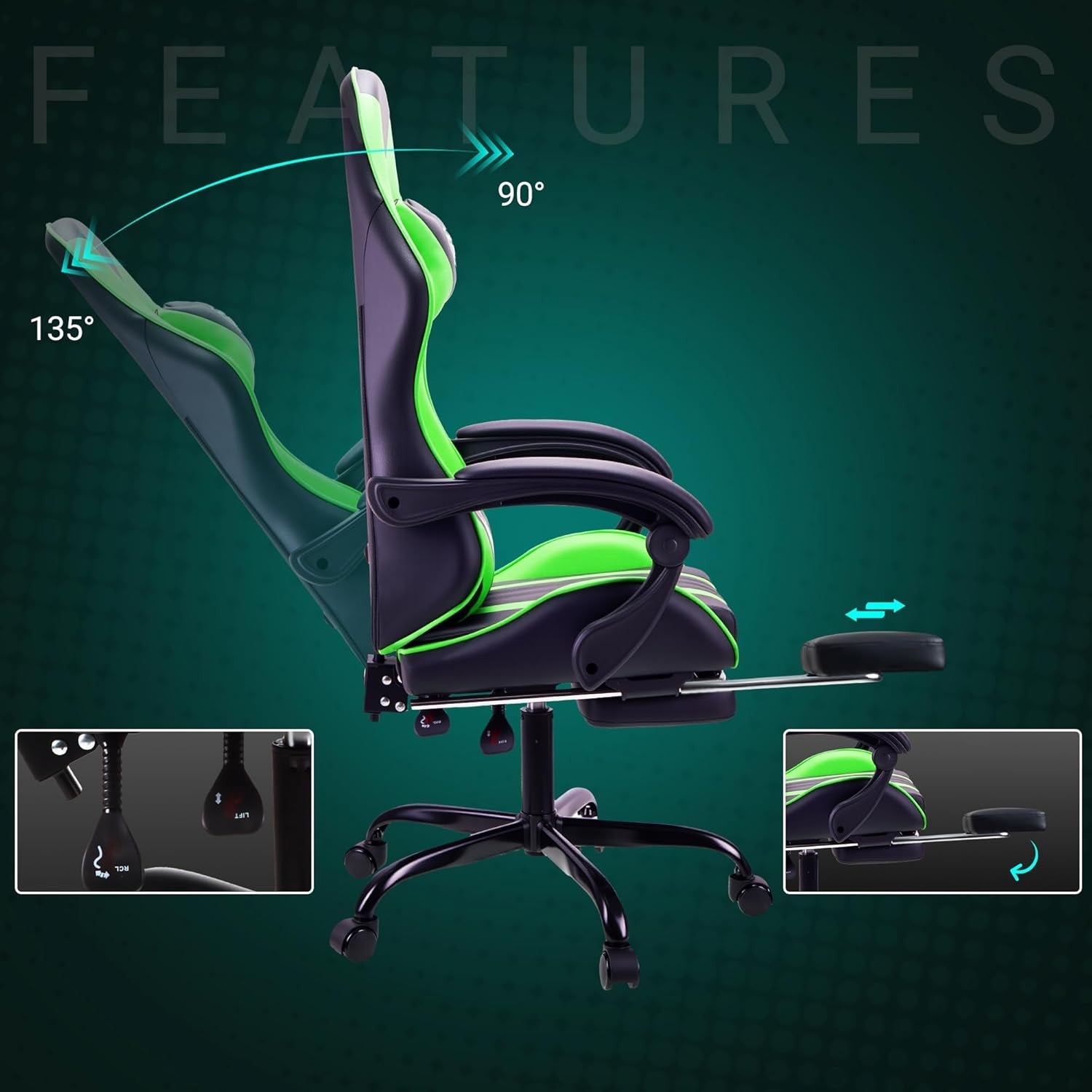 Ergonomic Gaming Chair with Footrest & Lumbar Support – Green PC Seat