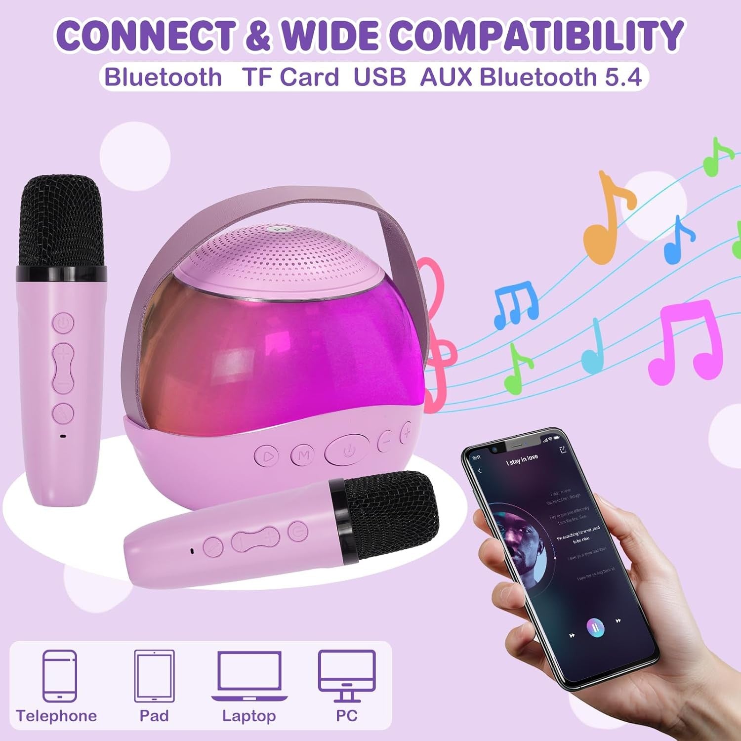 Mini Kids Karaoke Machine 2 Mics Bluetooth LED Lights