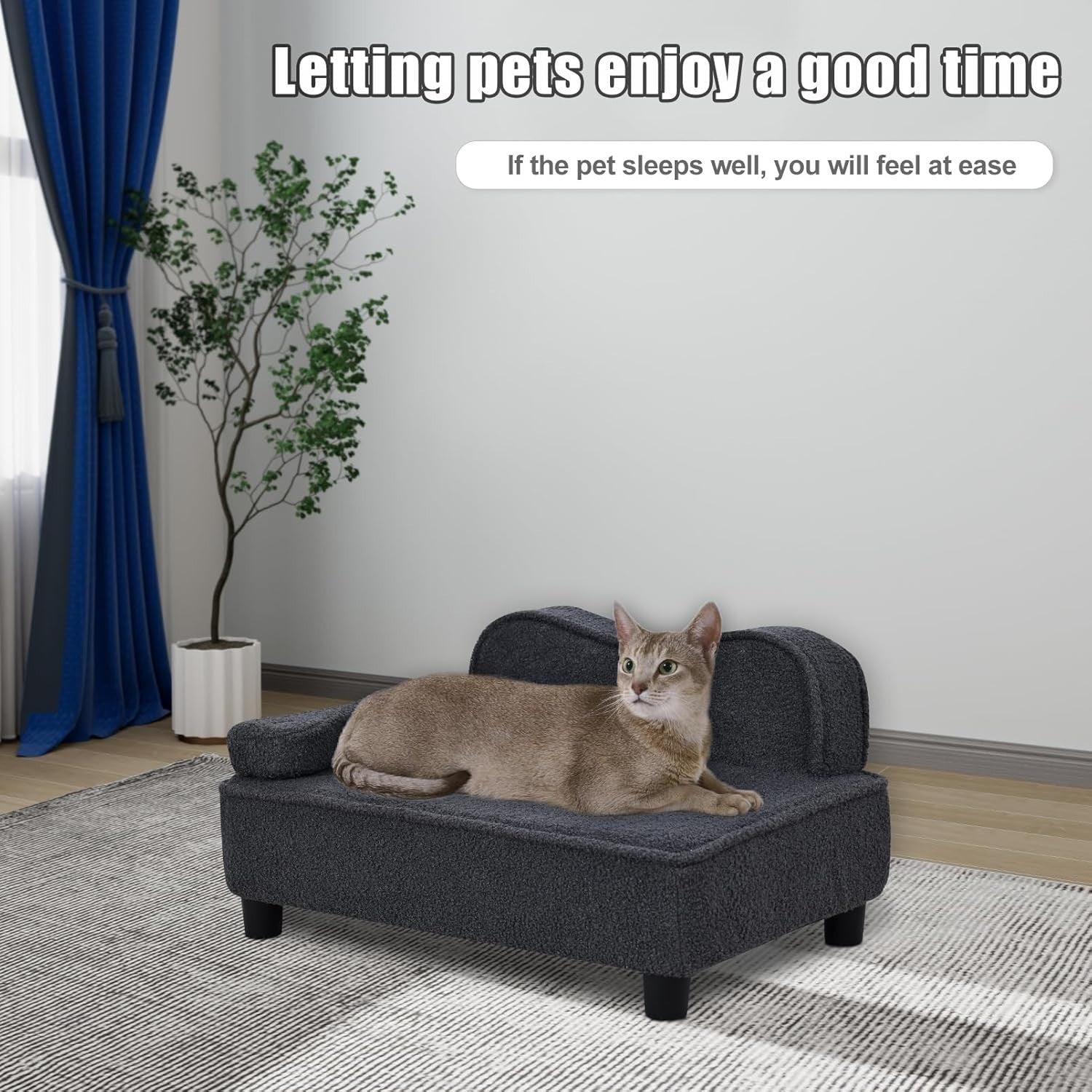 Pet Sofa Bed Teddy Velvet Dog Cat Couch w Wood Base Grey