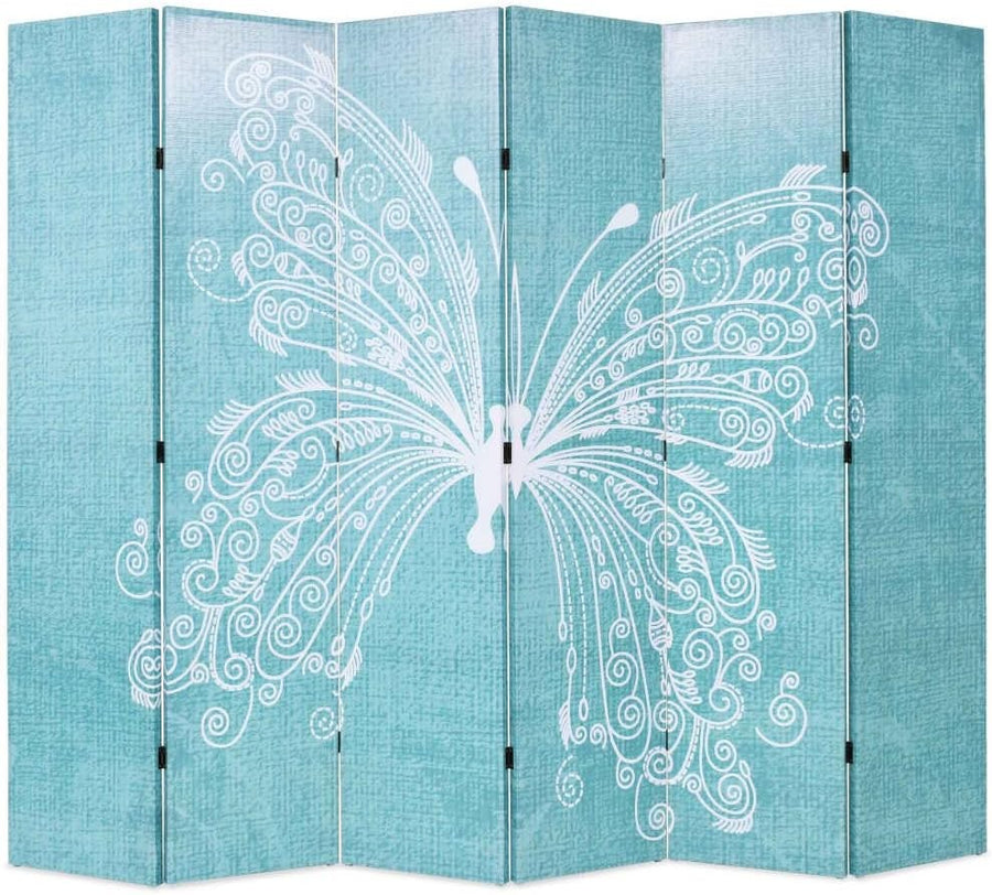 Butterfly Blue Folding Room Divider 228x170cm Wood Frame Privacy Screen