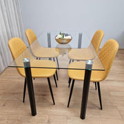 Glass Dining Table Set with 4 Mustard Faux Leather Chairs for Kitchen