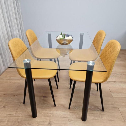 Glass Dining Table Set with 4 Mustard Faux Leather Chairs for Kitchen