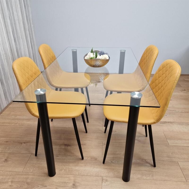 Glass Dining Table Set with 4 Mustard Faux Leather Chairs for Kitchen