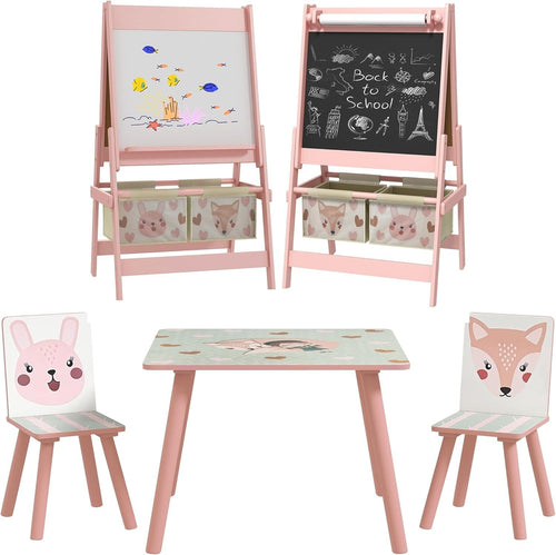 Kids Table & Chairs Set with Easel, Chalkboard & Paper Roll, Pink