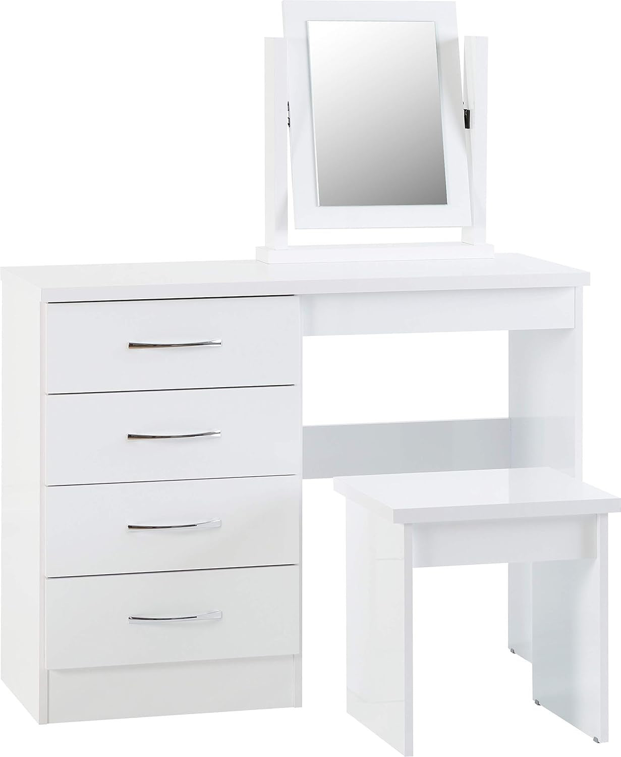 White Gloss Dressing Table Set Vanity Mirror Stool 4 Drawer High-Gloss Finish