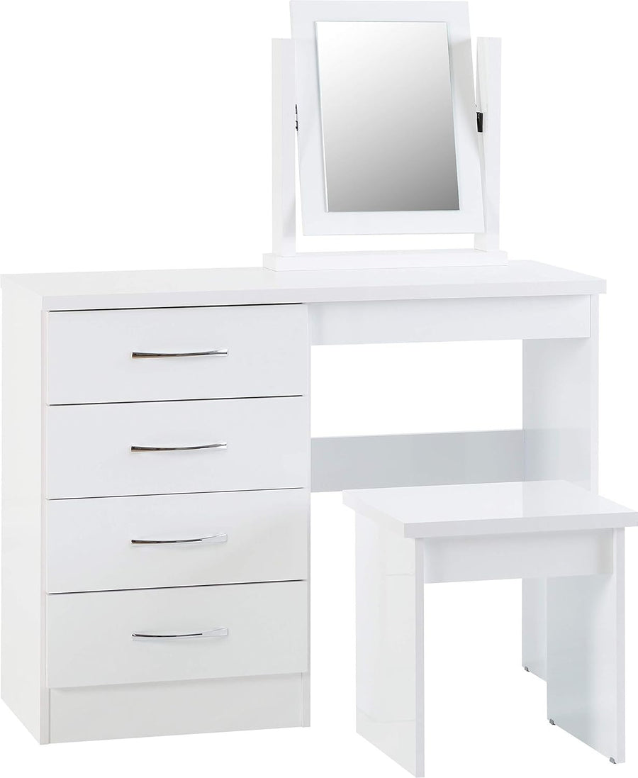 White Gloss Dressing Table Set Vanity Mirror Stool 4 Drawer High-Gloss Finish