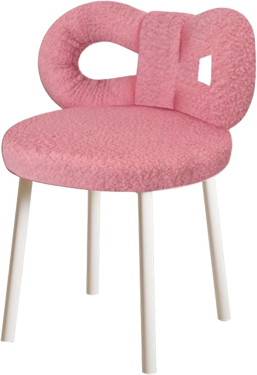 Pink Faux Wool Vanity Stool with Bow Back & Carbon Steel Frame – 330lbs Capacity