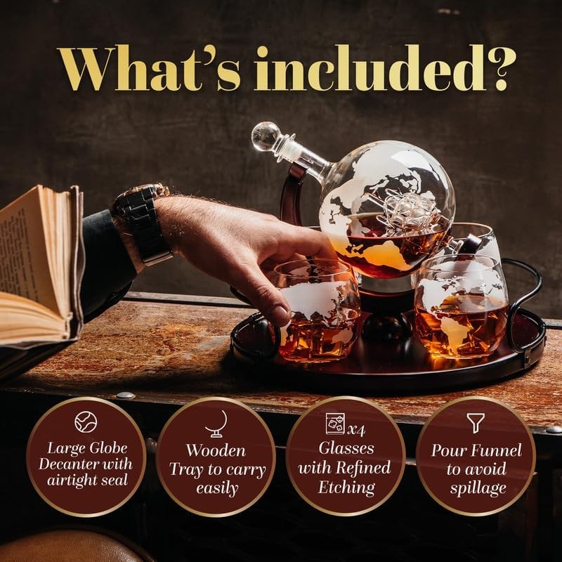 Globe Whiskey Decanter Set 850ml with 4 Etched Glasses & Tray Gift Box