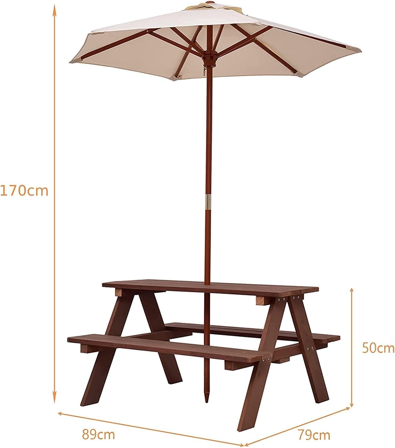 Kids Wooden Picnic Table with Removable Umbrella, Outdoor Bench Set