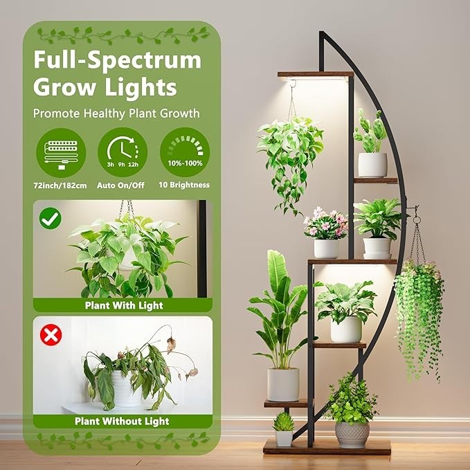 6 Tier Half Moon Plant Stand with Grow Lights Indoor Metal Flower Shelf