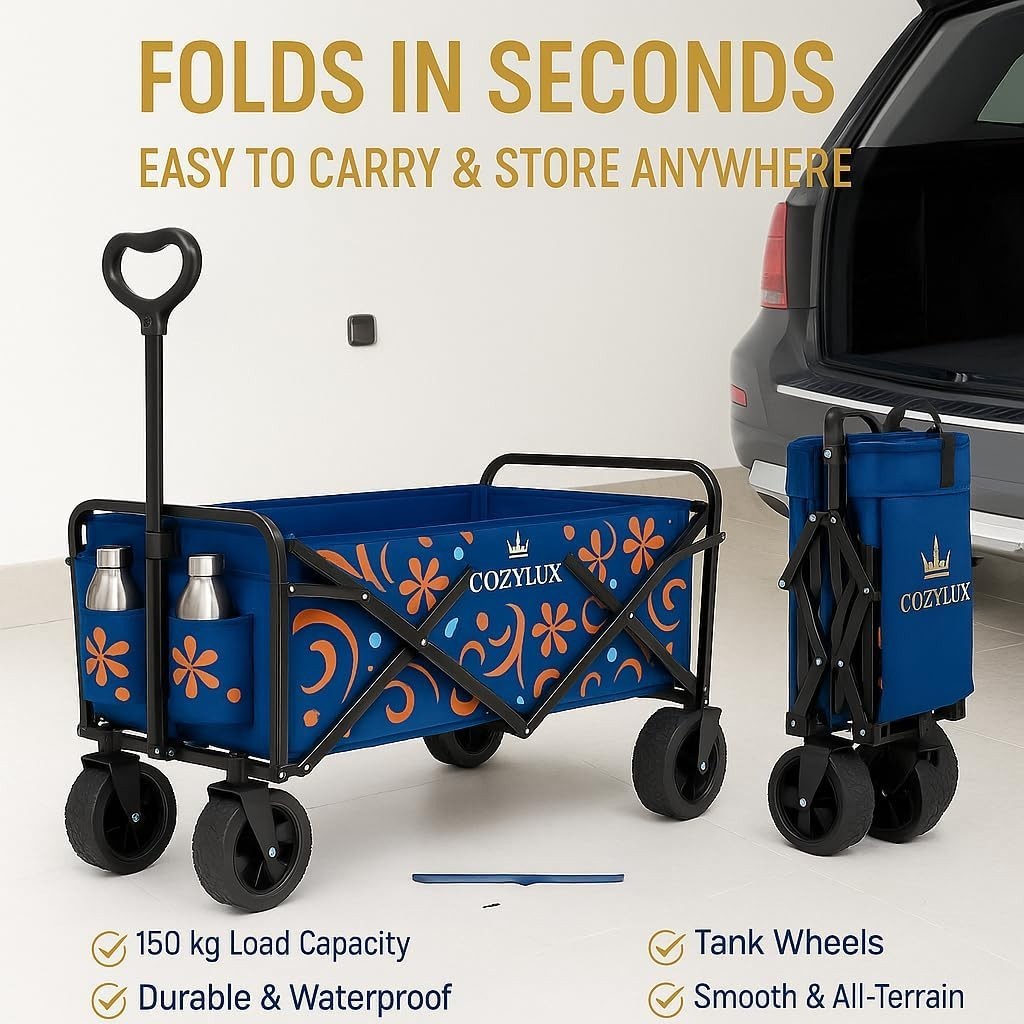 Collapsible Festival Garden Wagon Cart All Terrain Wheels Floral Pattern Navy