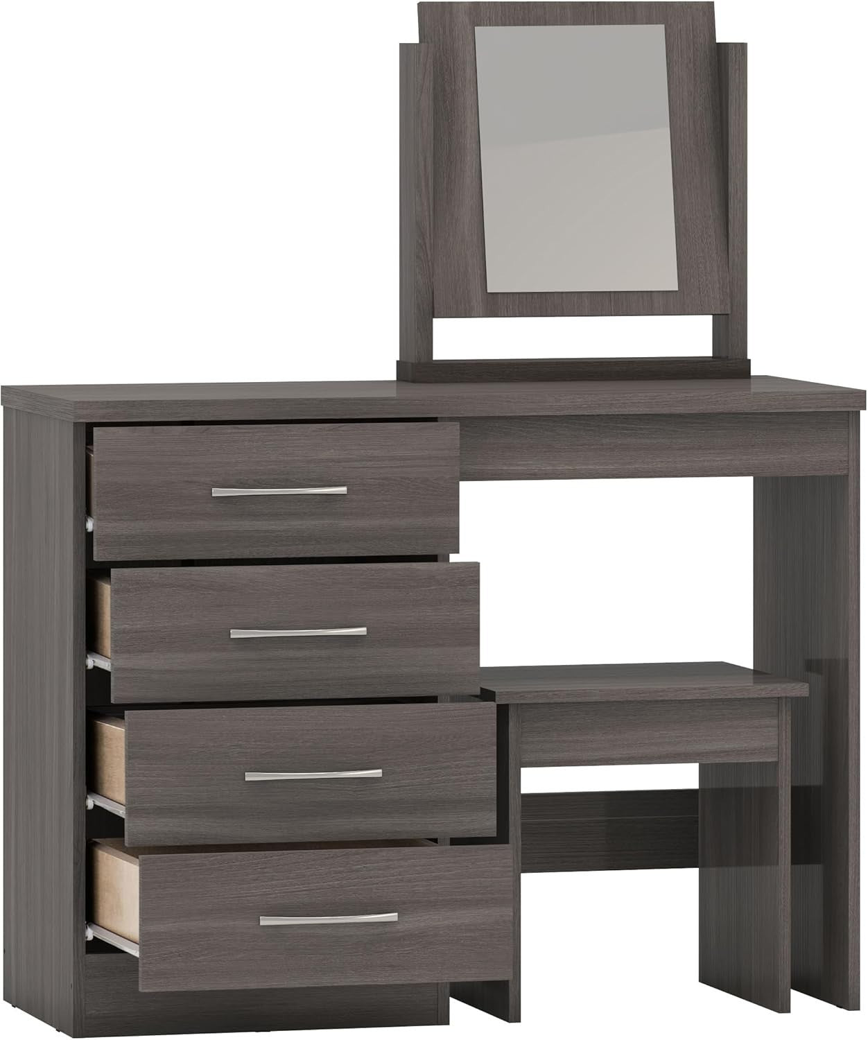 4-Drawer Dressing Table Set with Stool Mirror Black Wood Grain Modern Bedroom