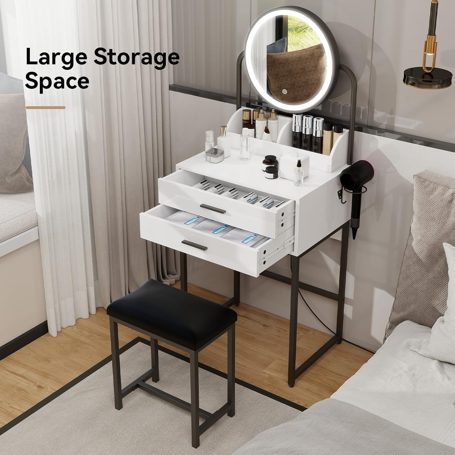 Vanity Makeup Dressing Table with LED Mirror Lights 2 Drawers & Stool White/Gold